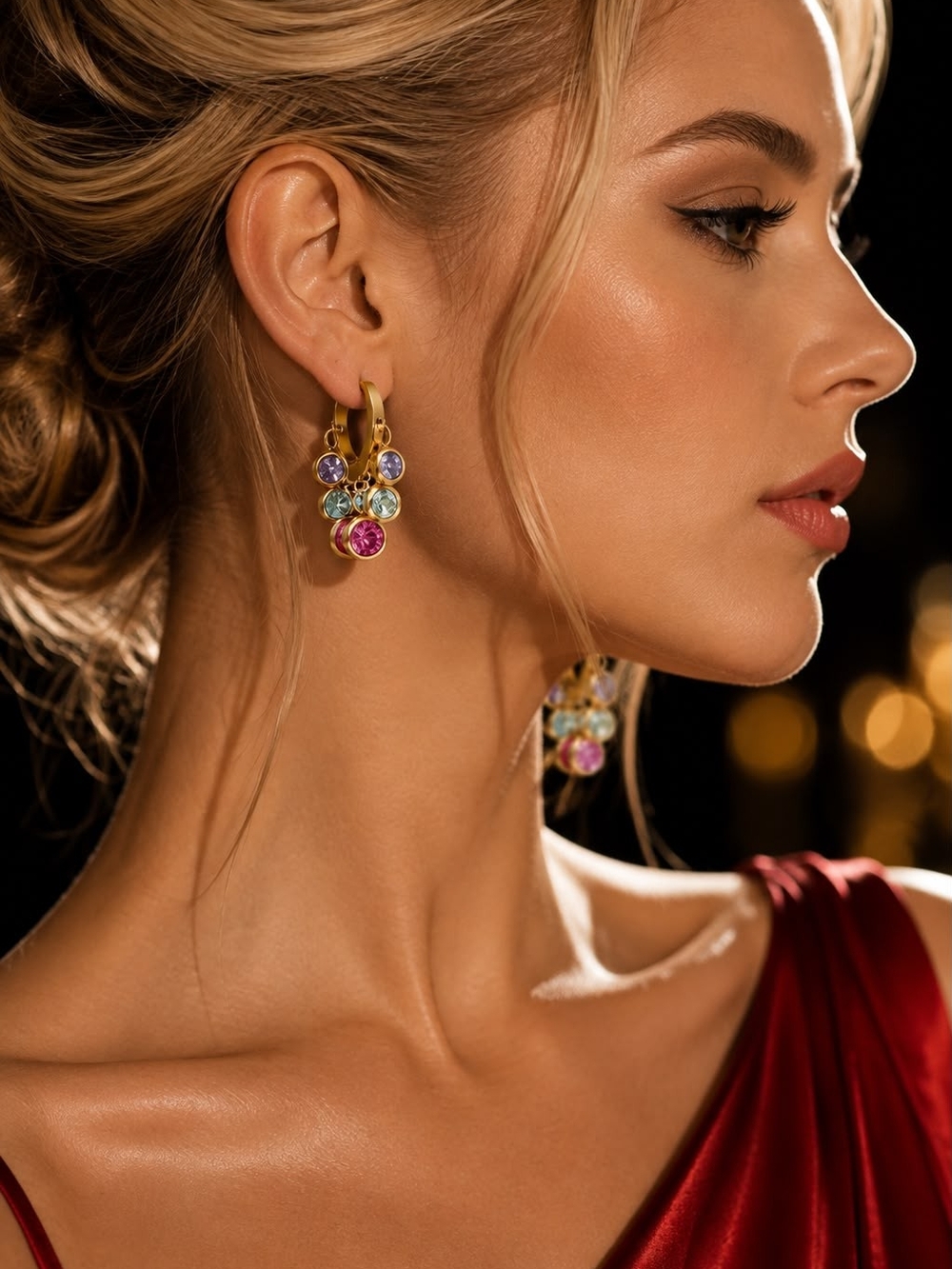 Gold-Plated Hoop Earrings with Pink & Light Green Cubic Zirconia